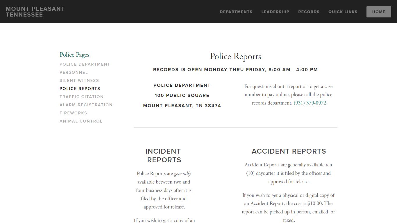 Police Reports — Mount Pleasant Tennessee