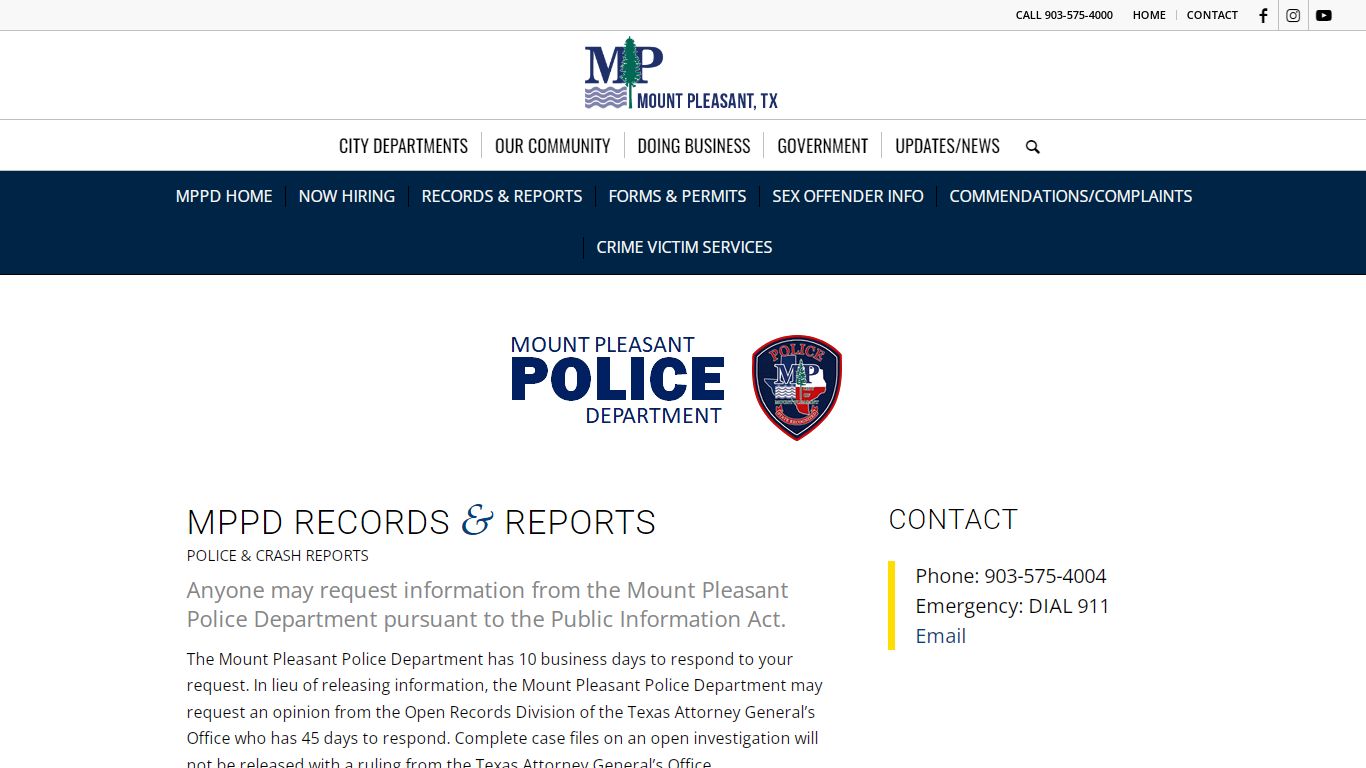 MPPD RECORDS & REPORTS – Mount Pleasant TX