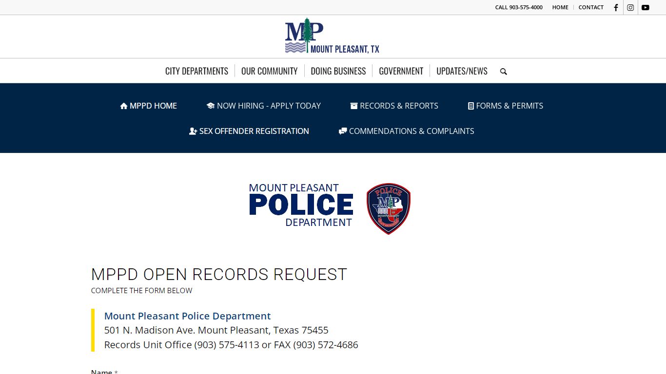 MPPD OPEN RECORDS REQUEST – Mount Pleasant TX