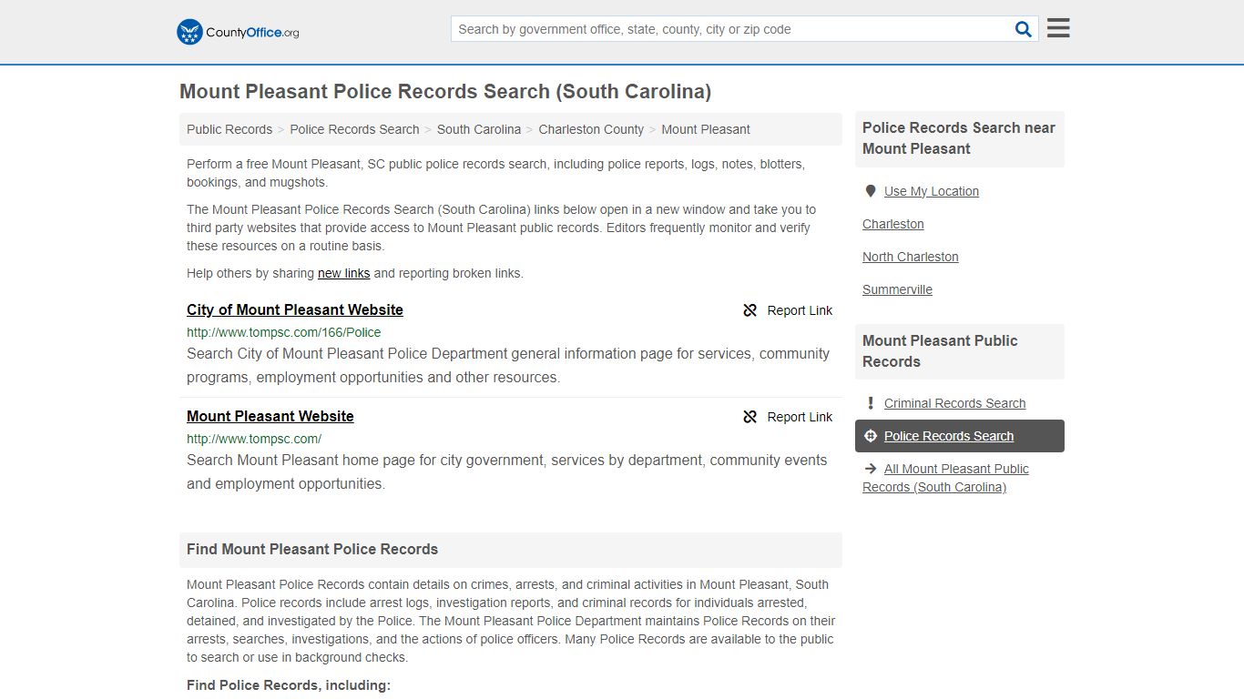 Mount Pleasant Police Records Search (South Carolina) - County Office